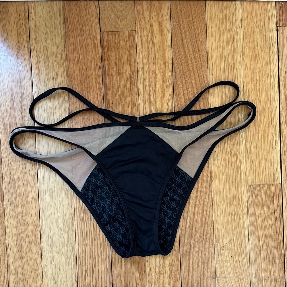 Victoria’s Secret Black Strappy Bikini Bottom with Sheer Panels Size Large